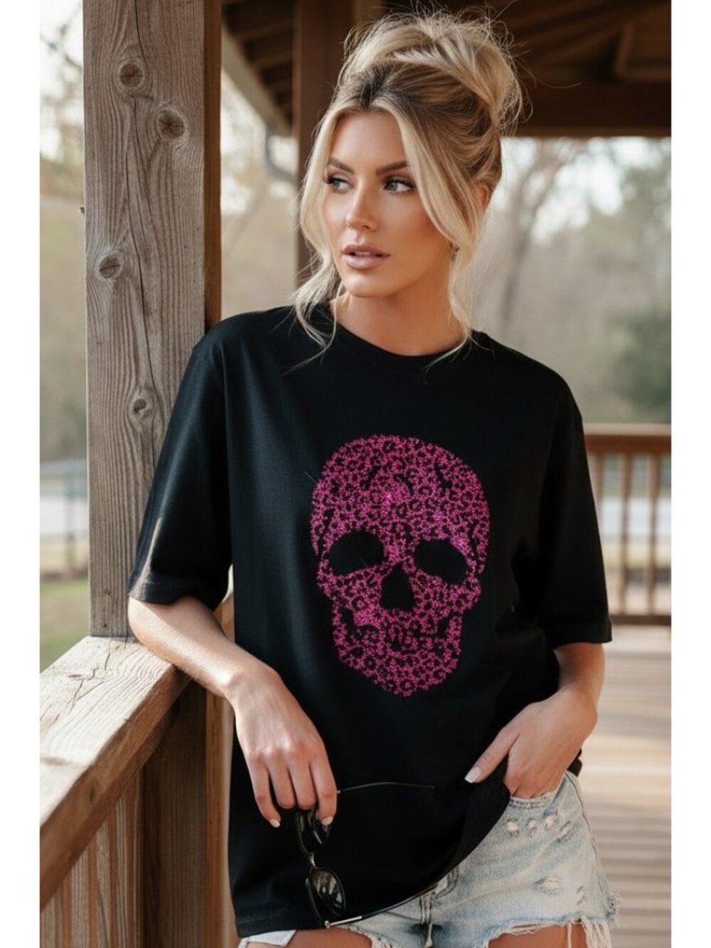 Pink Rhinestone Leopard Skull Top Crew Neck Short Sleeve Sparkling Animal Print